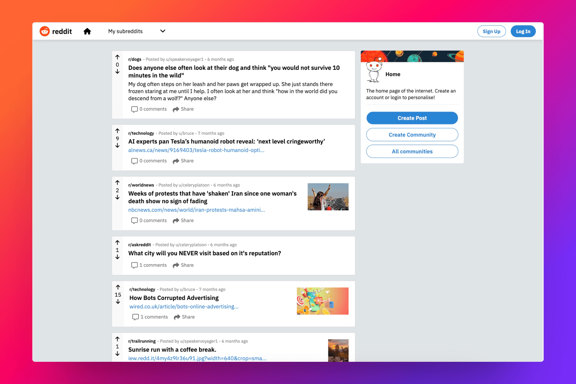 RedoneIt Homepage showing recent posts from a selection of different subreddits