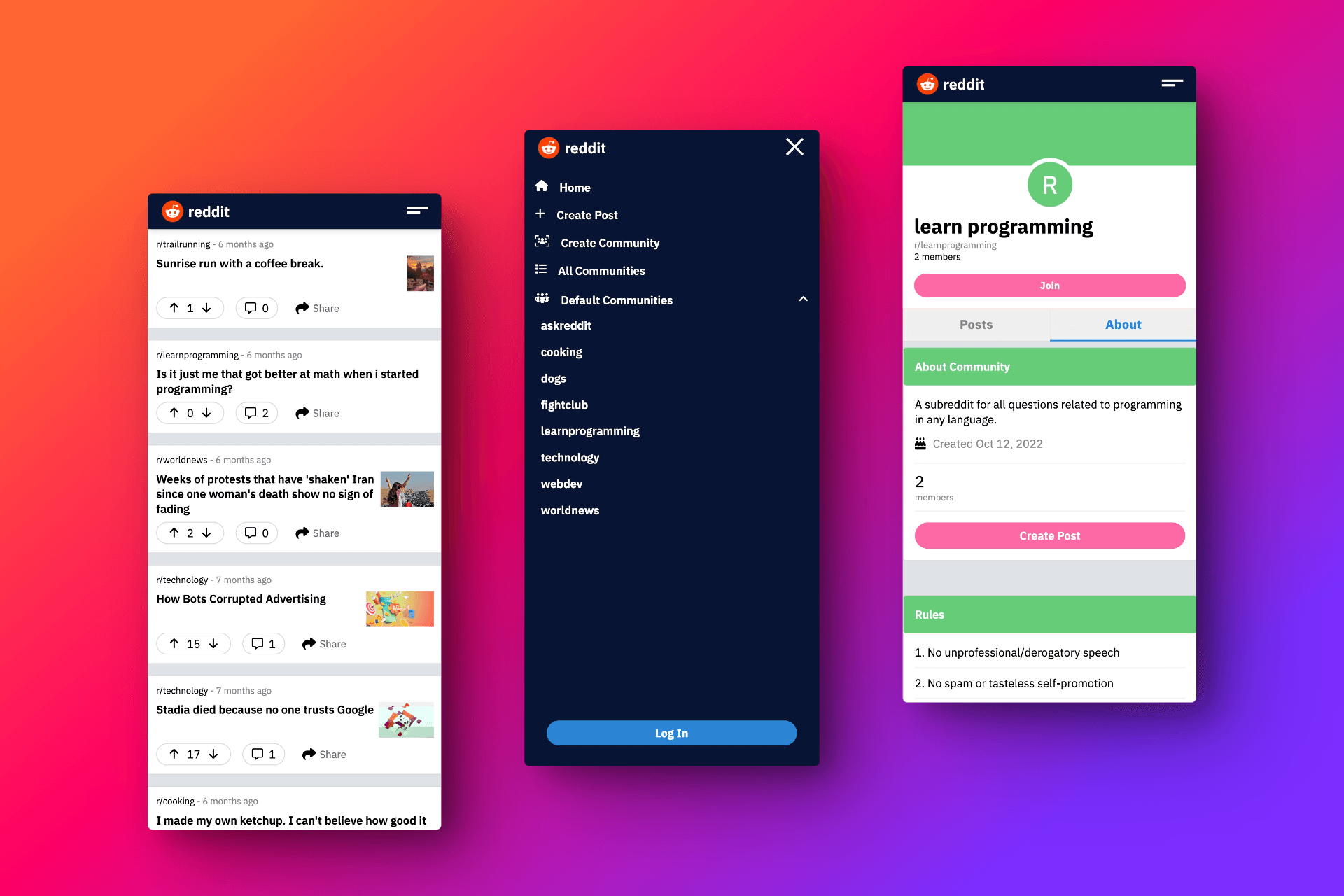 Three screenshots of redoneit all viewed in a mobile viewport. From left to right these are: the homepage, the navigation menu, and the learn programming subreddit