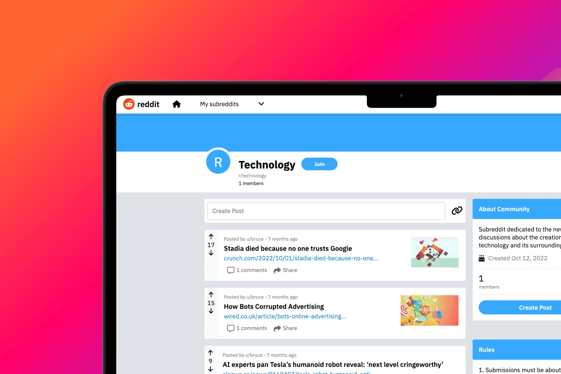 Technology subreddit page screenshot showing recent posts and the about sidebar with subreddit rules