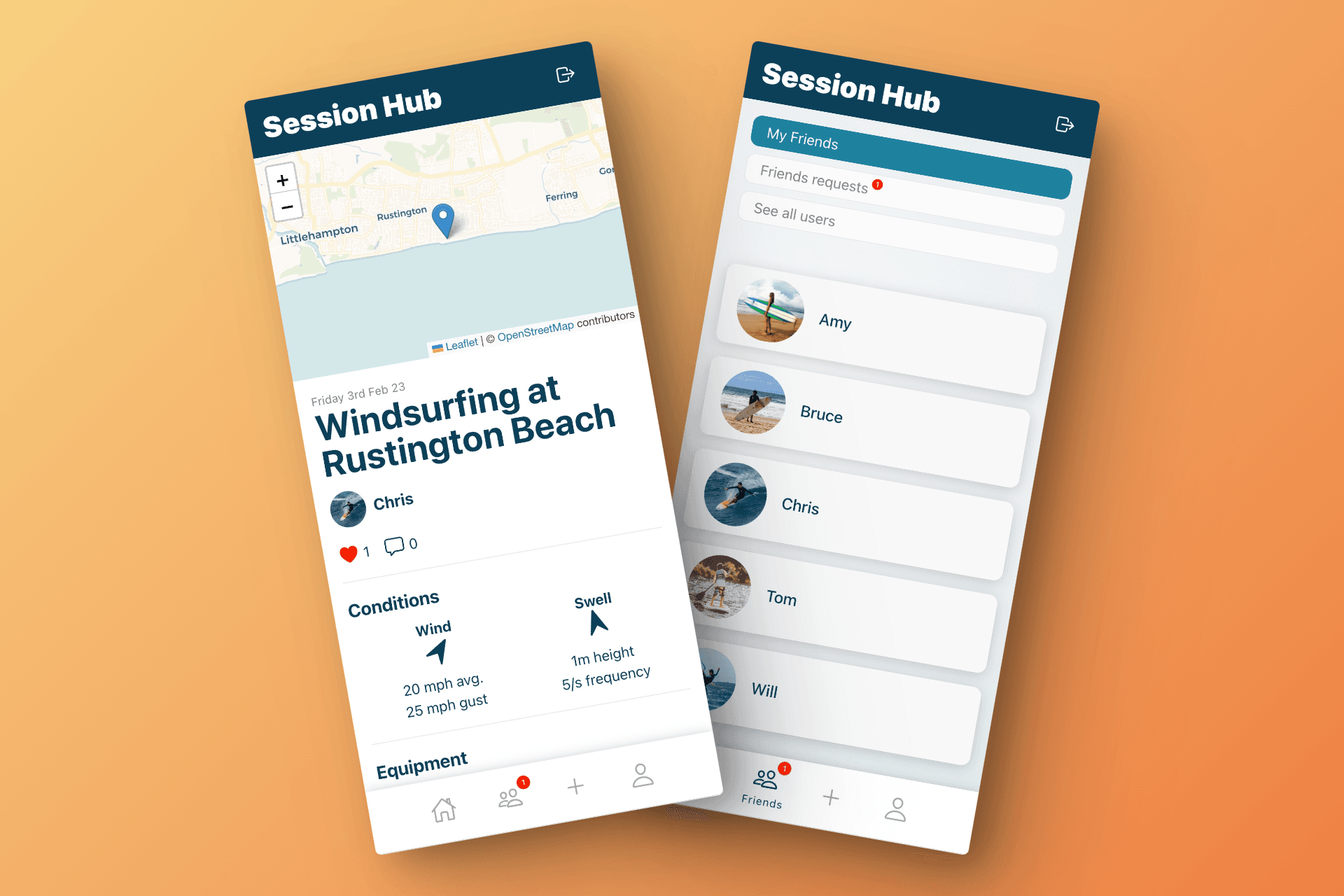 Two screenshots of Session Hub viewed in a mobile viewport. The left is a session of Windsurfing at Rustington Beach and the right a list of the users friends