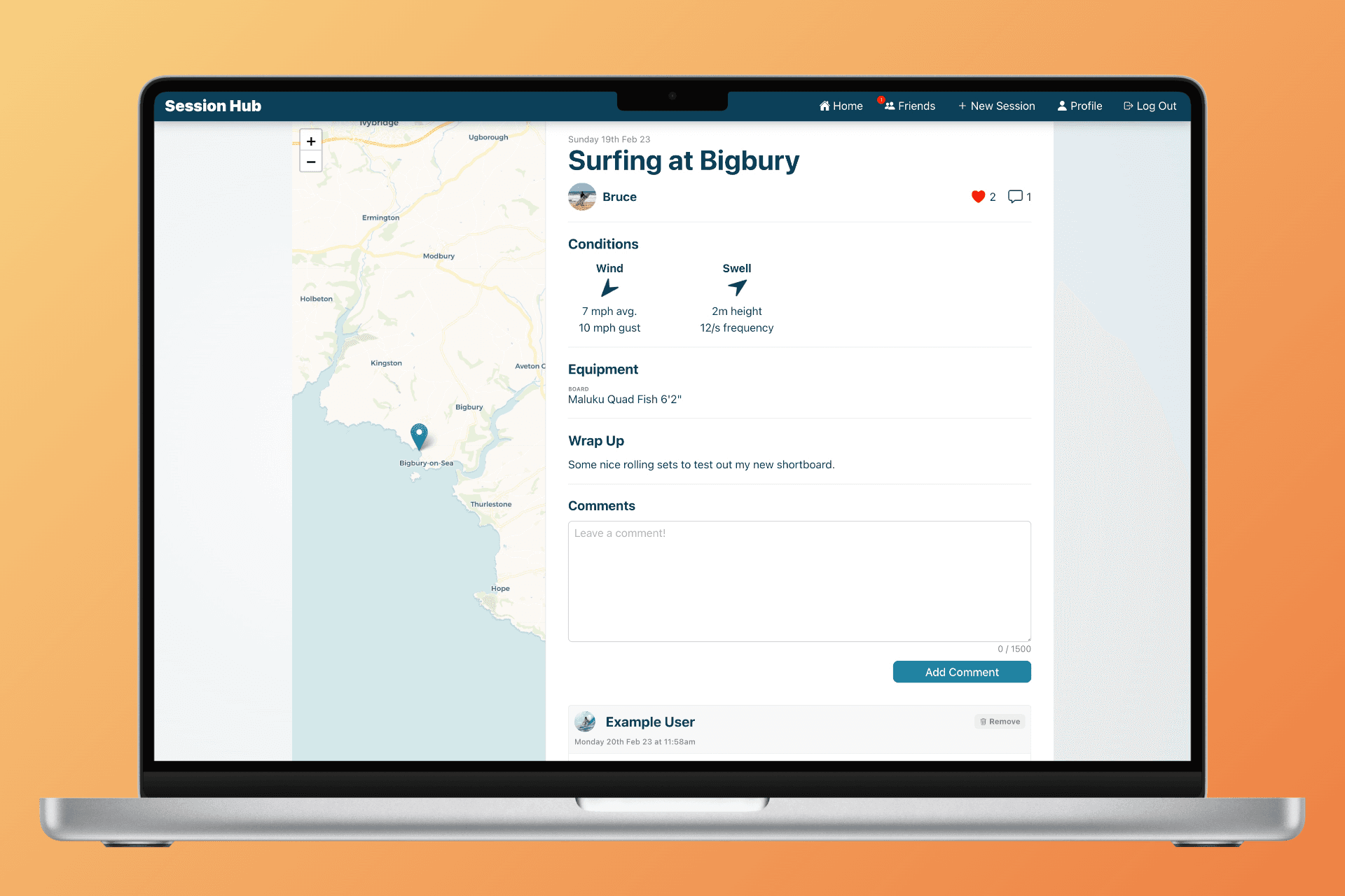 A session page showing a surfing at Bigbury session with a location map on the right hand side